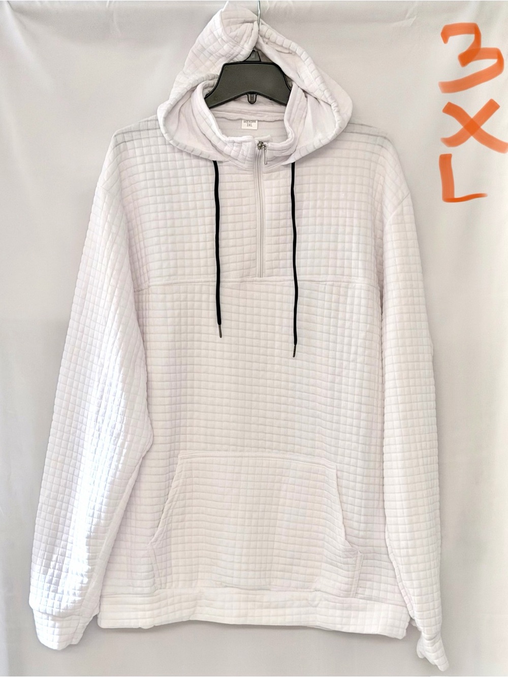 White Quilted Half-Zip Hoodie with Kangaroo Pocket